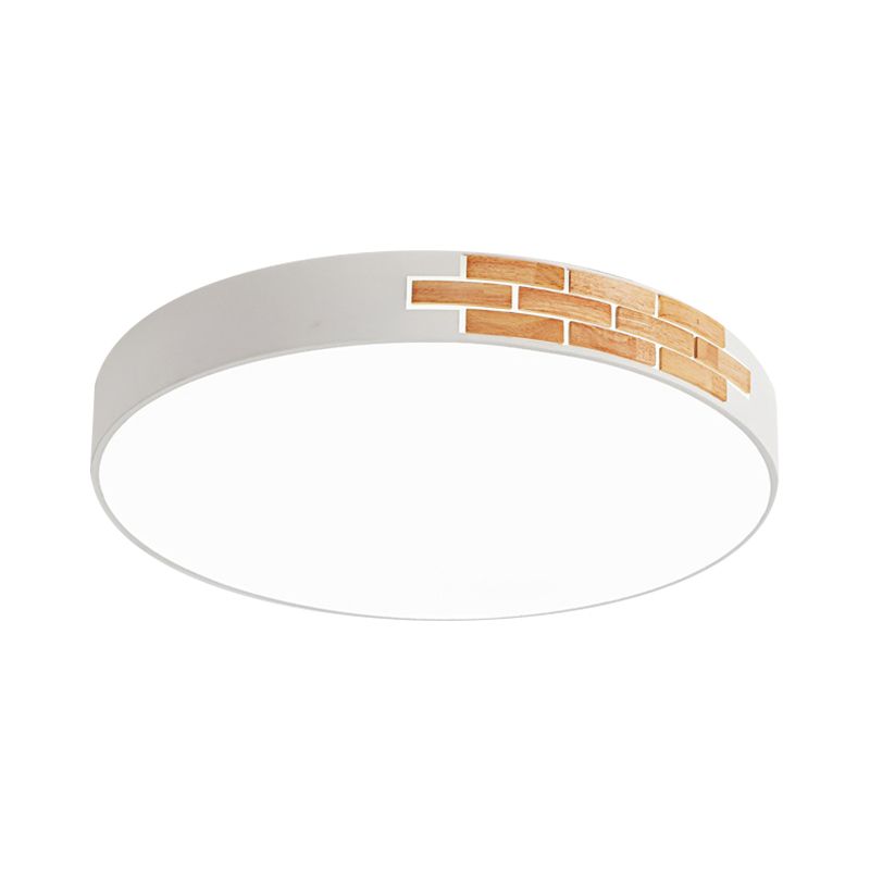 Plafonnier rond blanc et bois, luminaire LED minimaliste en métal, 16"/19.5"/23.5" de diamètre