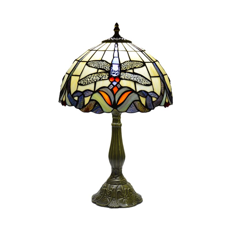 Dragonfly di luce notturno in bronzo in vetro a mano sul fiore 1 lampada da tavolo tiffany per letto