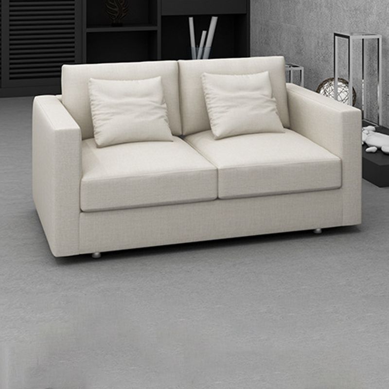 White Slipcovered Fabric Settee Recessed Arm Sofa with Pillows