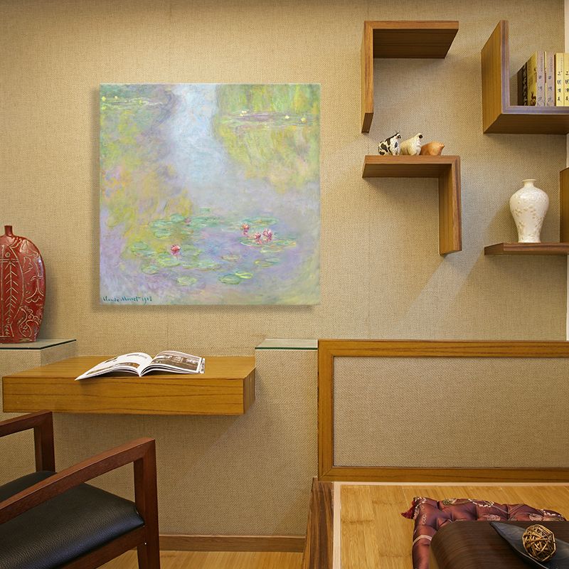 Green Lotus Flowers Scenery Canvas Textured French Rustic Style Bathroom Painting