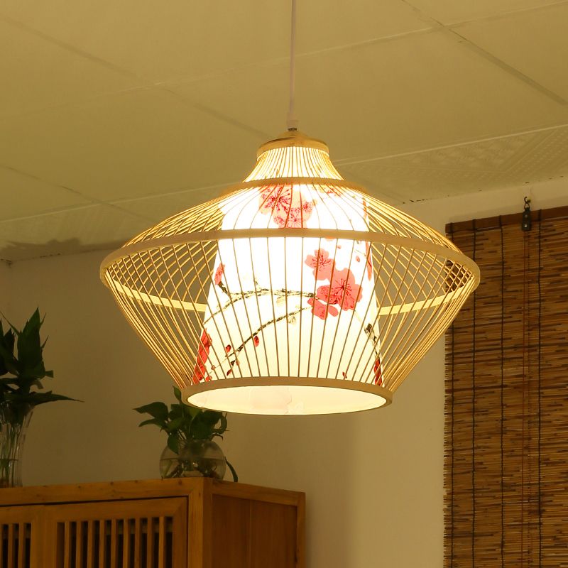 Chinese Style Conical Hanging Lamp Bamboo 1-Light Tea Room Ceiling Pendant Light