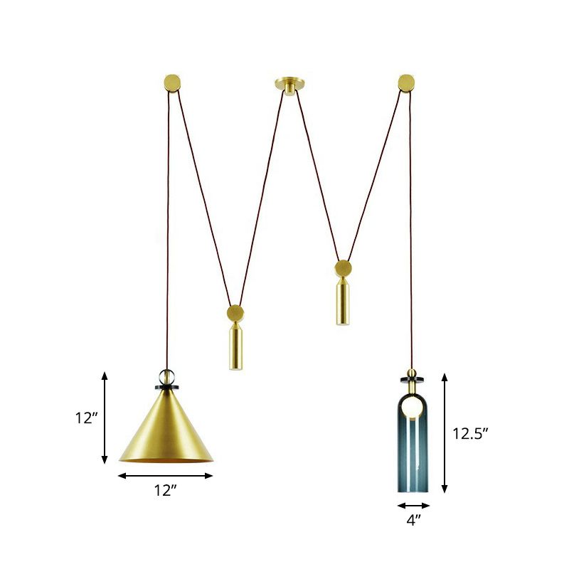 Designer 2-Head Swag Pendant Cone and Elongated Dome Hanging Light with Metal Shade