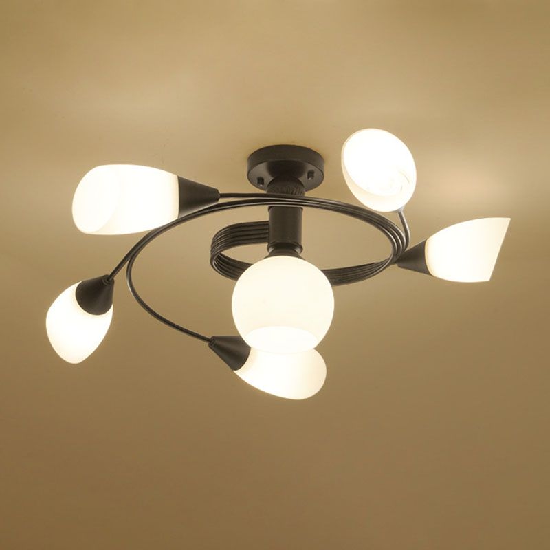 Luz de techo negro de vidrio en el estilo tradicional de hierro forjado de hierro forjado de hierro radial de interiores Semi Flush Monte