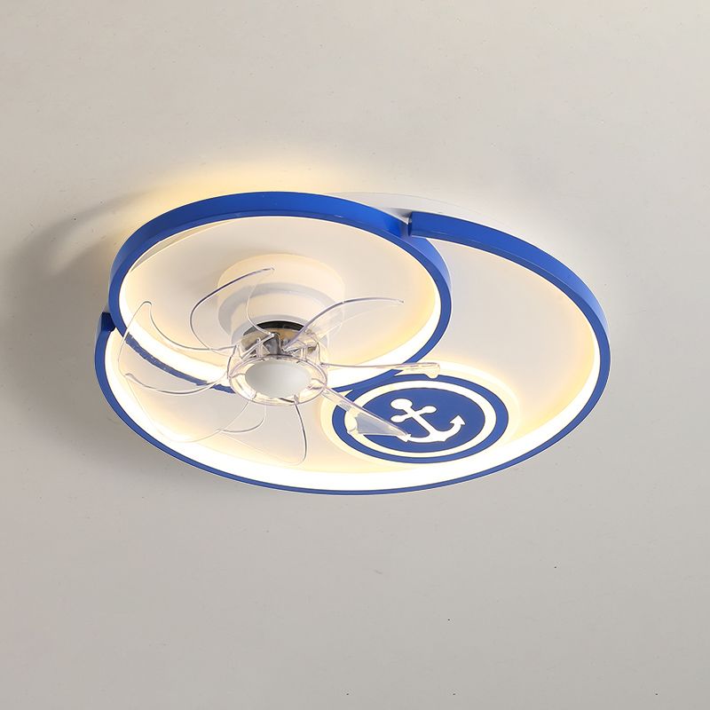 Cartoon Disc Shaped Flush Mount Fan Lamp Metal Boys Room LED Semi Flush Light