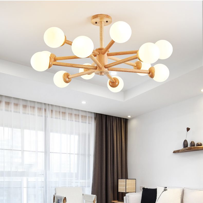 Multi Light Wood Chandelier Modern Globe Chandelier Lamp with White Glass for Living Room