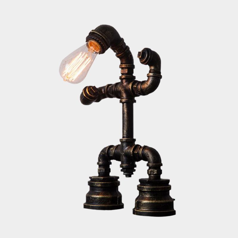 1 Light Robot Pipe Small Desk Light Rustic Black Iron Night Table Lamp with Plug-In Cord