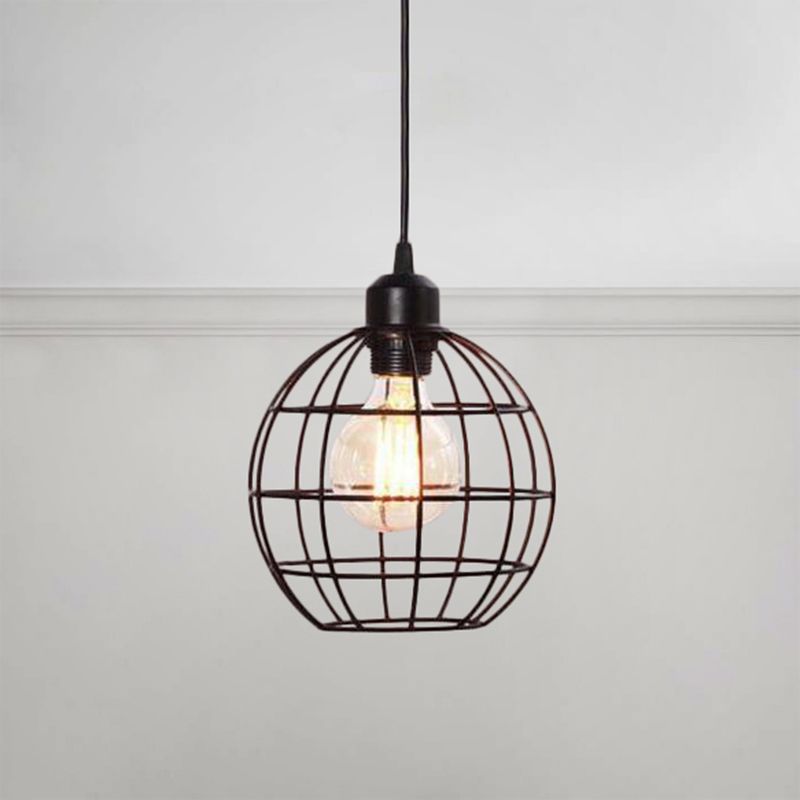 Retro Style Globe Ceiling Lamp 1 Head Metal Hanging Light Fixture with Wire Frame in Black/Copper