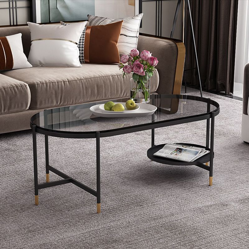 Contemporary Elliptical Glass & Slate Coffee Cocktail Table with Storage Shelf