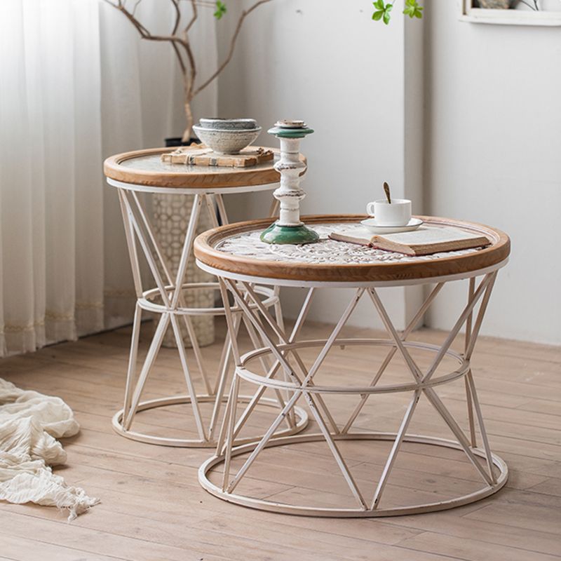 Round Shape Solid Wood End Table with Metal Base Corner Table for Living Room