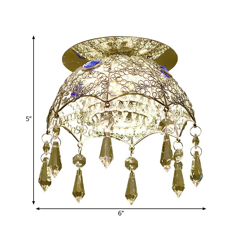 Minimal LED Ceiling Lamp Chrome Scalloped Dome Flush Mount Light with Crystal Shade in Warm/White Light