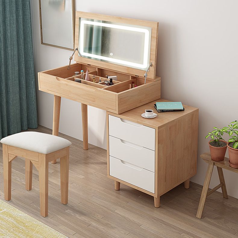 Modern Rubberwood Dressing Table Set with Stool 1-Mirror Wood Vanity Table