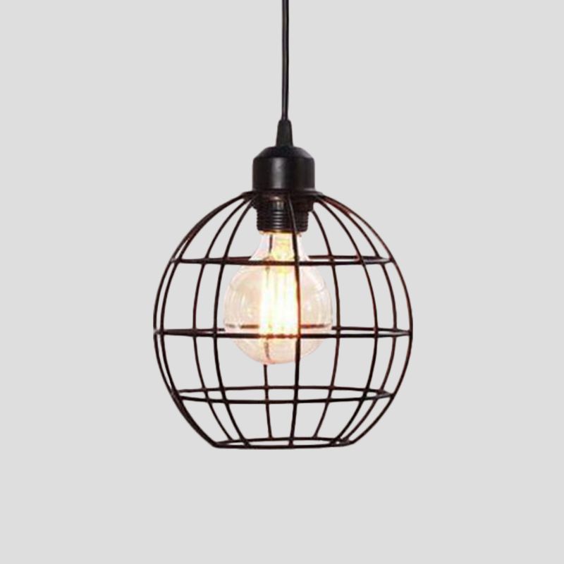 Retro Style Globe Ceiling Lamp 1 Head Metal Hanging Light Fixture with Wire Frame in Black/Copper