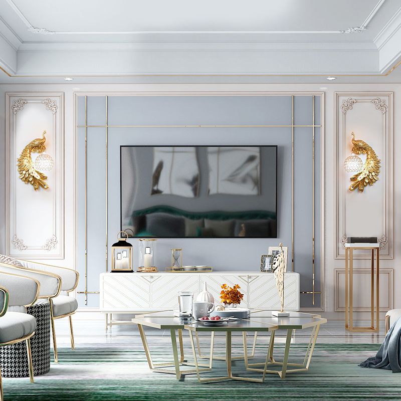 Peacock Wall Sconce Art Decor Resin 1-Light Living Room Wall Lamp with Spherical Crystal Shade