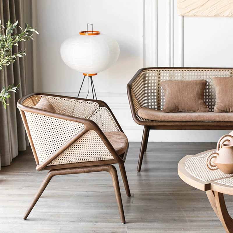 Rattan Linen Sofa 25.59" High Sloped Arm Sofa with Loose Back for Living Room