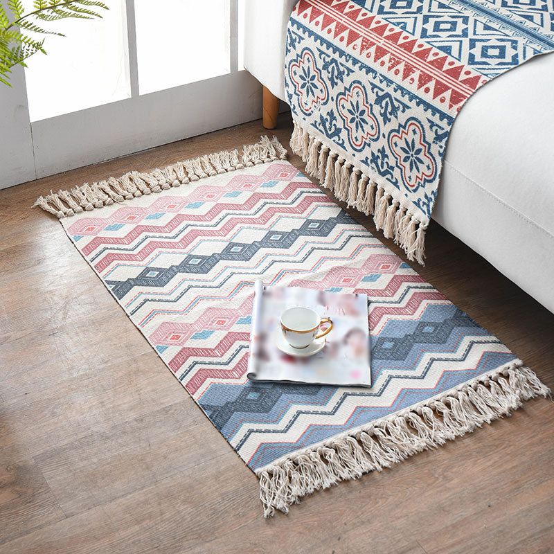 Alfombra con estampado de rayas contemporáneas, alfombra mezclada de algodón con flecos para decoración del hogar