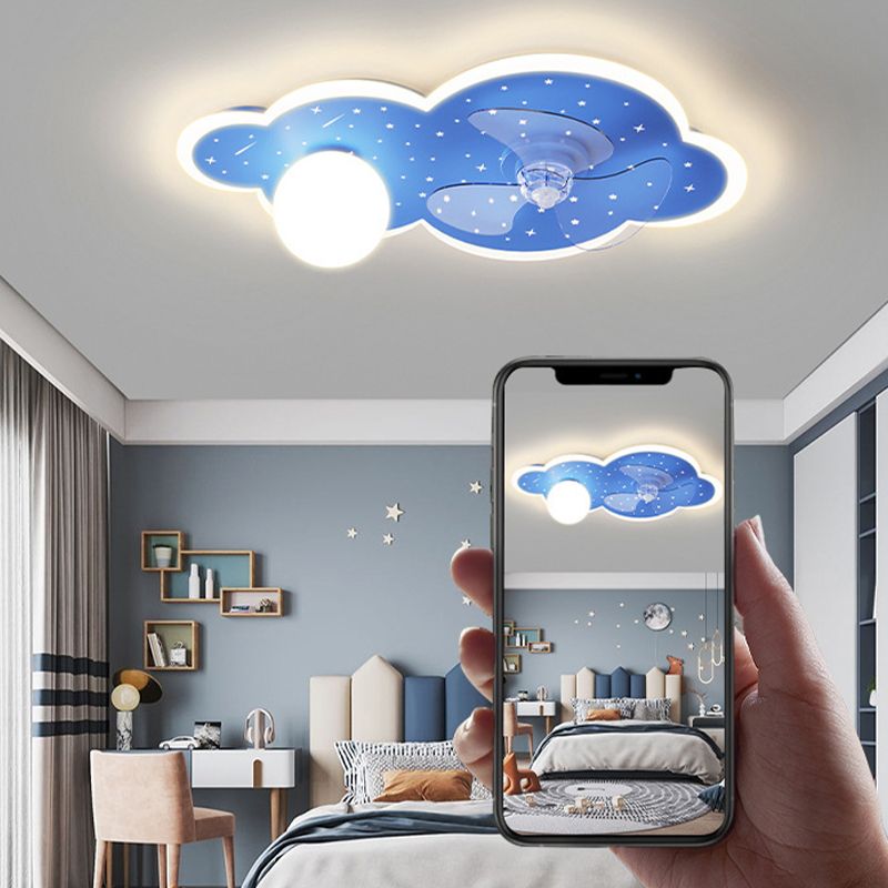 3-Blade Globe Ceiling Fan Children LED Metallic Blue Fan with Light for Home