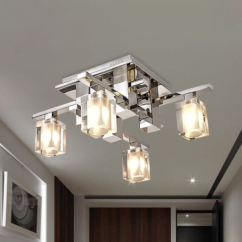 Cuboid Semi Flush Light Fixture Modernist Clear Glass 4 Heads Chrome Finish Flush Ceiling Lamp