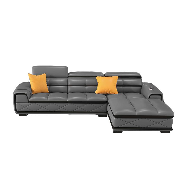 Contemporary Cloud Gray Square Arm Stationary Genuine Leather Sofa