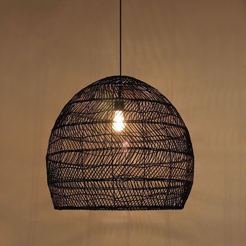 Rattan Cloche Pendant Ceiling Light Asian Single-Bulb Suspension Lighting over Dining Table