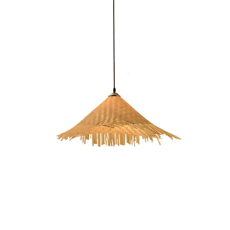 Hat Shape Pendant Light Contemporary Bamboo Single-Bulb Wood Suspension Light Fixture
