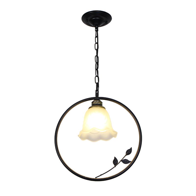 Single-Bulb Iron Pendant Light Vintage Black Ring Shaped Corridor Suspension Light Fixture with Frosted Glass Shade
