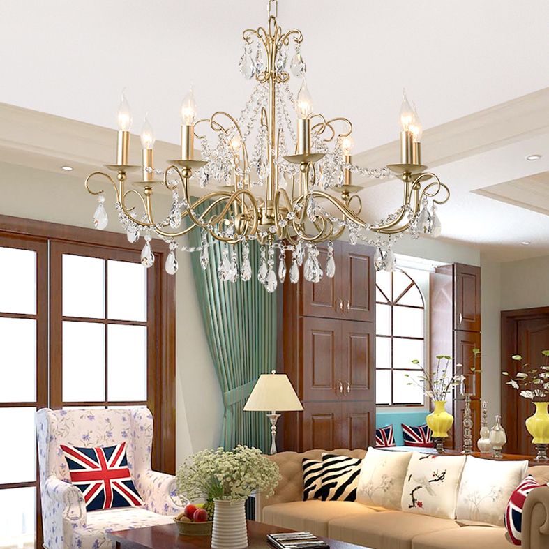 Candlestick French Style Chandelier Lighting Clear Crystal Multi Lights Metal Hanging Ceiling Light in Gold