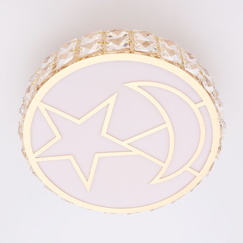 LED Flush Mount Light with Circle Shape Crystal Contemporary Dining Room Ceiling Mounted Fixture in White