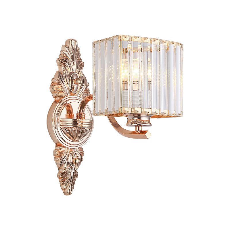 1 Light Square Wall Mount Light Contemporary Clear Crystal and Metal Wall Sconce with Carved Backplate in Rose Gold