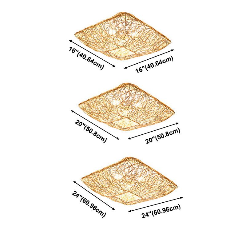 Asian Square Flush Mount Lighting 3-Light Rattan Flush Mount Ceiling Lights for Living Room