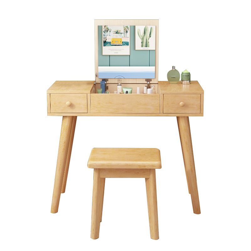Solid Wood Vanity Makeup Table Set 2 Drawer Flip-Top Dressing Table