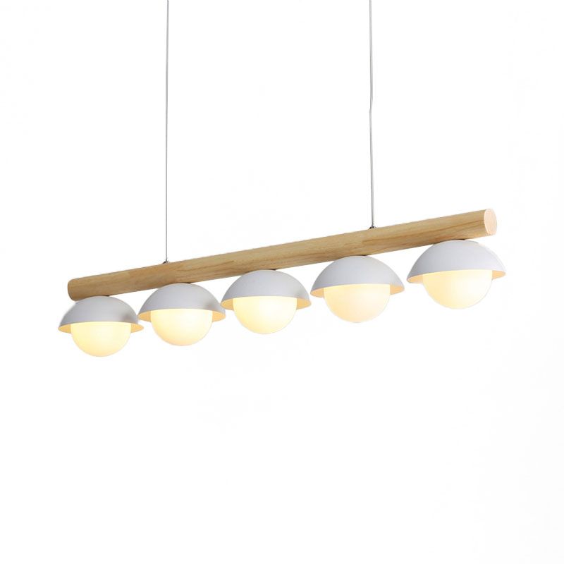 Modern Simple Linear Chandelier Wood Stem 5/7 Lights White Shade Billiard Lights for Restaurant
