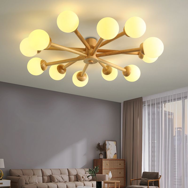 Modern Flush Light Fixtures Wood Sphere Flush Mount Lamp in Brown for Living Room