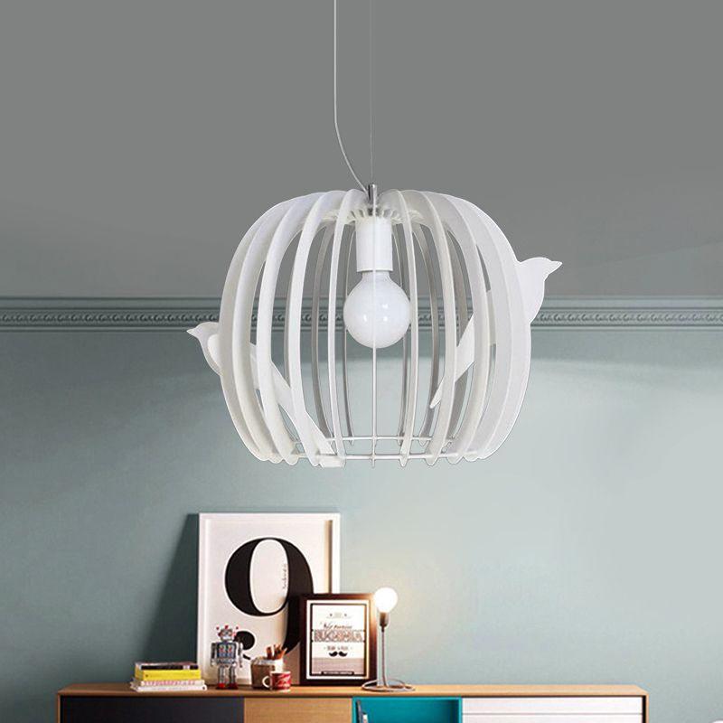 Drum Shaped Birdcage Pendant Lamp Modern Iron 1 Bulb Dinette Hanging Ceiling Light in White with Bird Decor