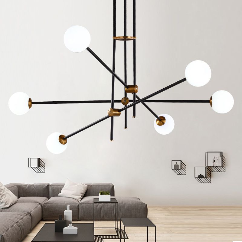 Crossed Line Hanging Lamp Minimalist Metal 6 Heads Black Chandelier Light with Globe Opal Glass Shade