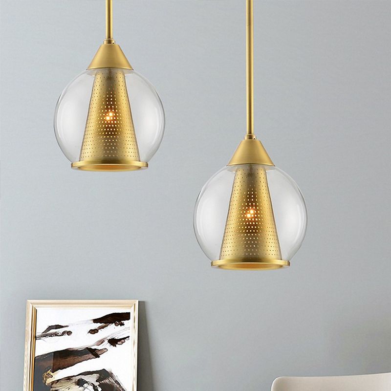 Sphere Pendant Ceiling Light Modern Smoke Gray Glass 1 Head Dining Room Hanging Lamp with Gold Cone Metal Shade Inside