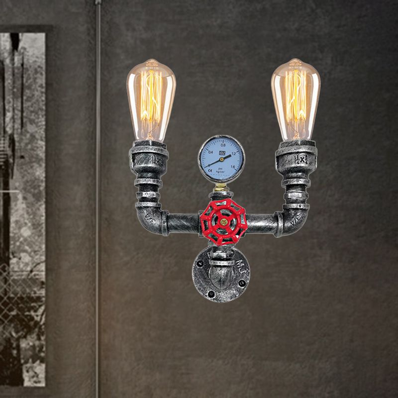 Aged Silver 2 Lights Wall Mounted Pipe Light Vintage Metal U Shaped Sconce Lamp