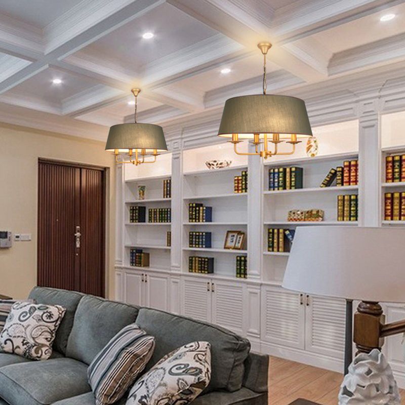 4 Lights Living Room Hanging Chandelier Contemporary Green/White Pendant Light Fixture with Drum Fabric Shade