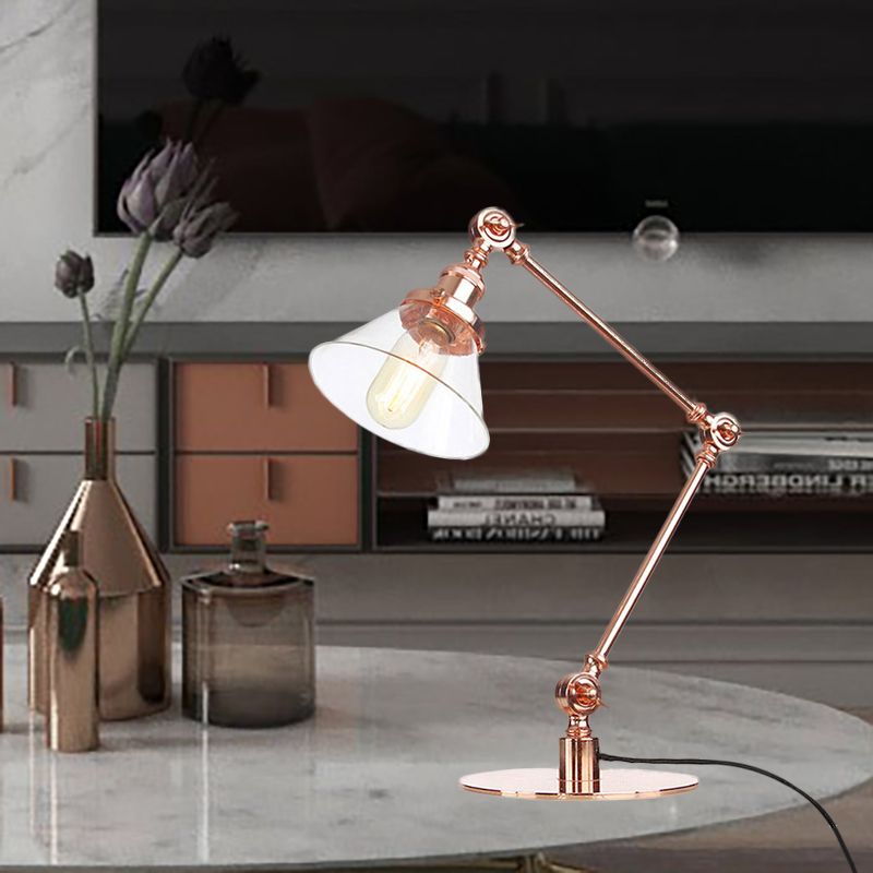 Table conique de style industriel clair Ambre / verre transparent et métal 1 lampe de table de chambre à coucher légère avec bras réglable en noir / laiton