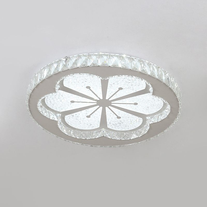 Simplicity Etched Deer/Flower Flushmount Light LED Rectangular-Cut Crystal Ceiling Mount in Nickel with Circular Design