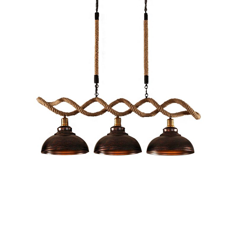 Dome Kitchen Island Pendant Light Industrial Metal and Rope 3 Lights Rust Hanging Lamp Kit