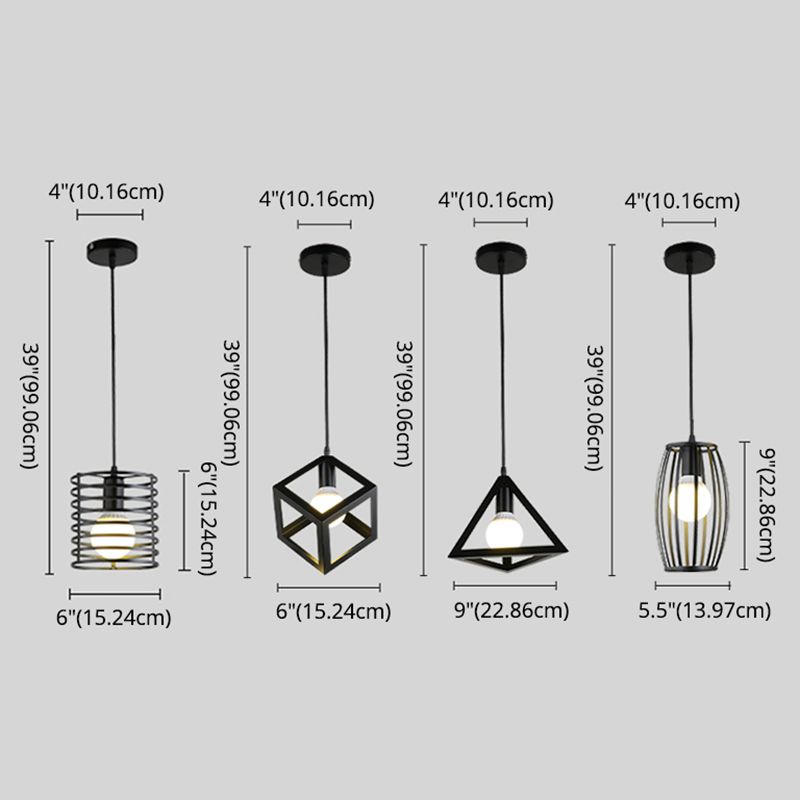 Industrial Cage Pendant Lighting 1-Light Metal Drop Lamp in Black for Restaurant