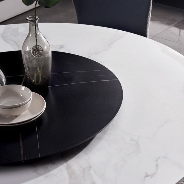 Round Stone Dining Table Modern Turntable Furniture with Pedestal Base in Matte Finish