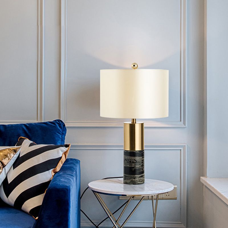 Cylindrical Table Light Nordic Style Marble 1��Bulb Black Nightstand Lighting with Fabric Shade