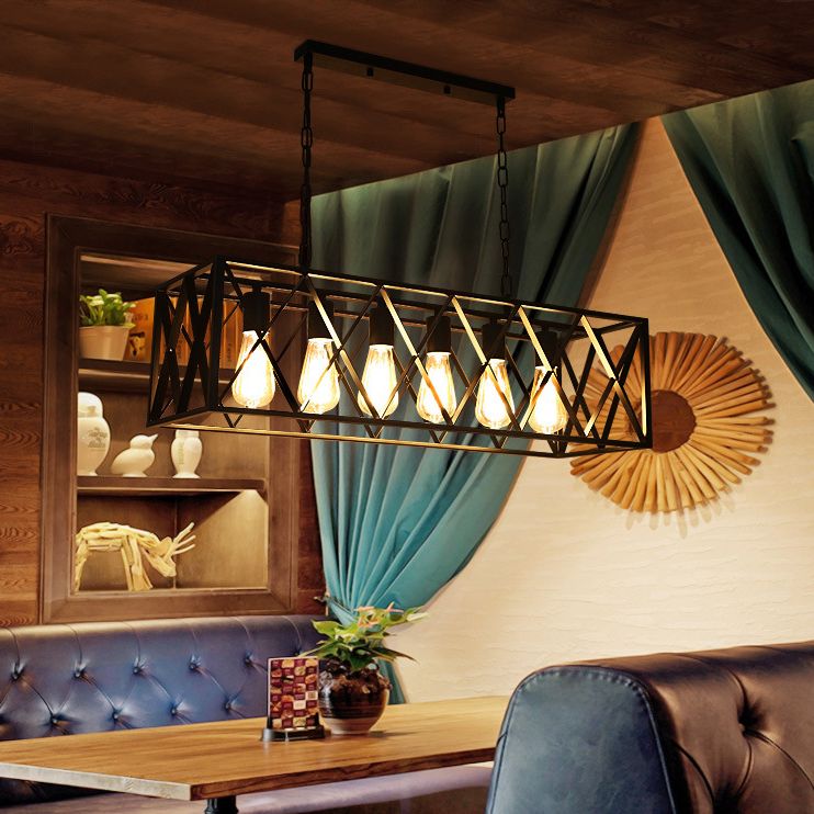 Industrial Style Rectangle Island Pendants Metal Pendant Lights in Black for Dining Room