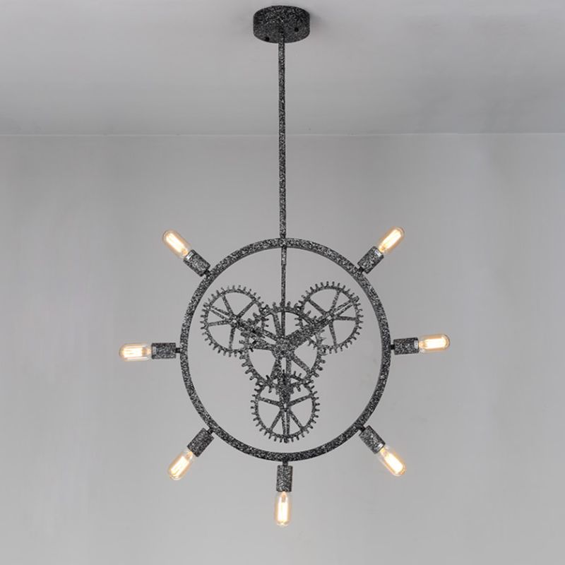 7/8 Bulbs Iron Hanging Chandelier Industrial Black/Silver Gear Wheel Dining Table Suspended Lighting Fixture with Exposed Bulb Design