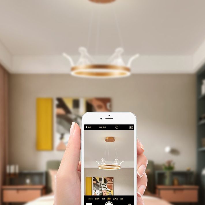 Minimalist LED Suspension Light Gold Crown Shaped Chandelier with Acrylic Diffuser