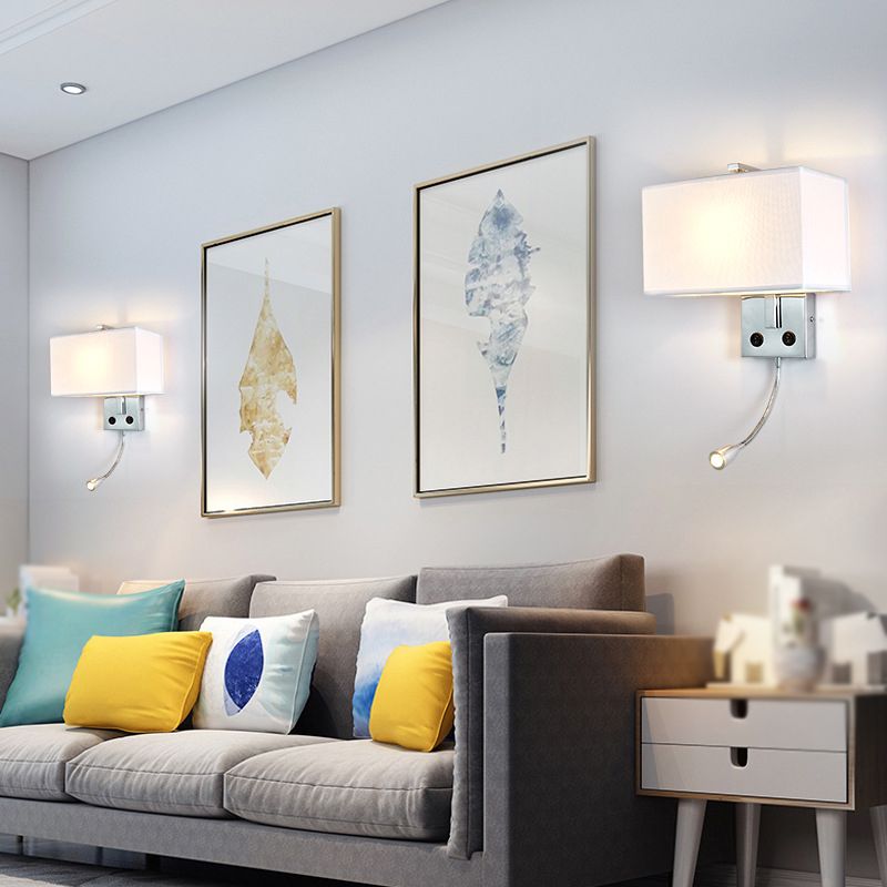 Metal Modern Adjustable Wall Sconce Rectangle Wall Light with Fabric Shade for Bedroom
