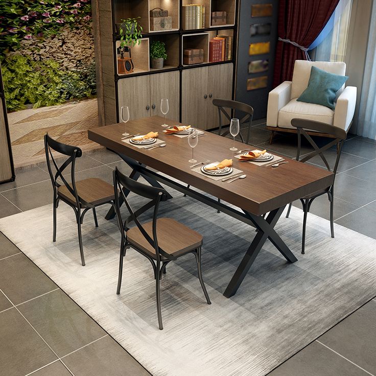 Industrial Style Solid Wood Dining Table Metallic Trestle Base Rectangle Table for Home