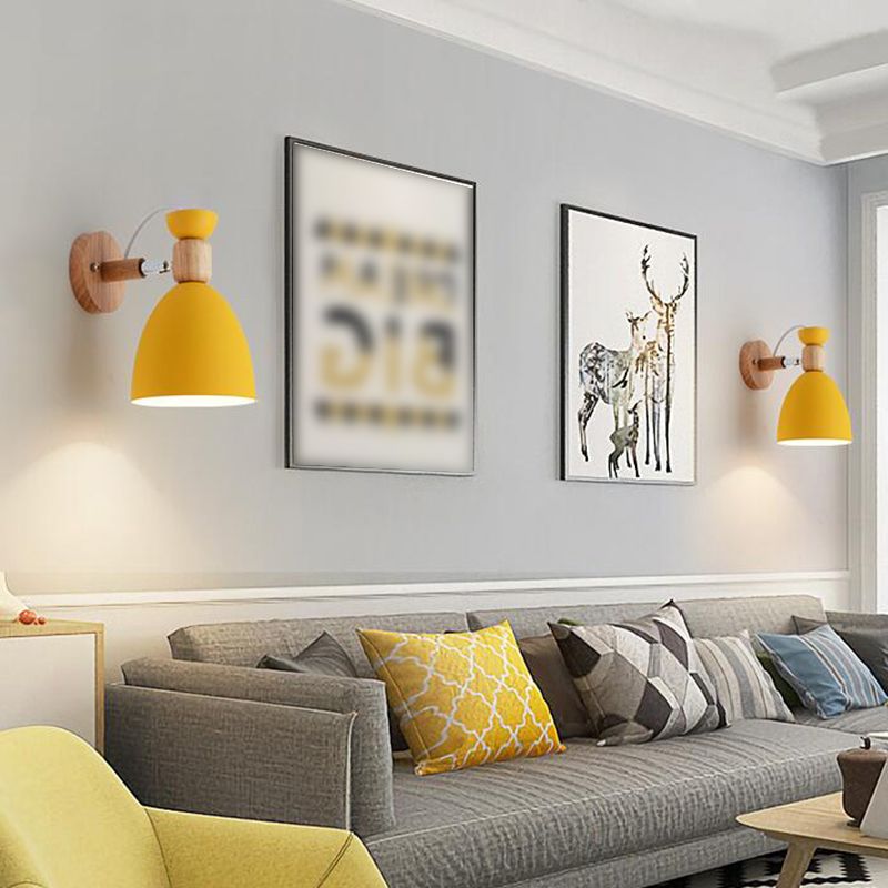 Nordic Metal Wall Light Geometric Colorful Wall Sconce with Wood for Living Room