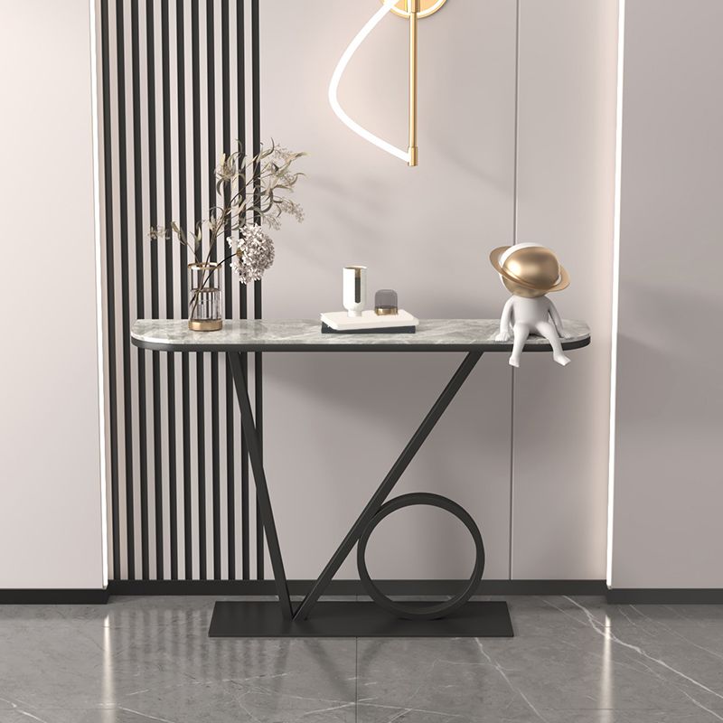 Iron Pedestal Base Accent Table with Half Moon Stone Top for Hall